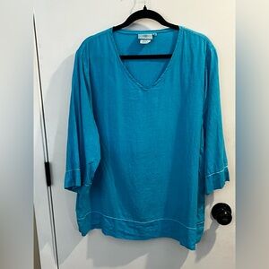 Hot Cotton Teal V-Neck Lightweight Blouse